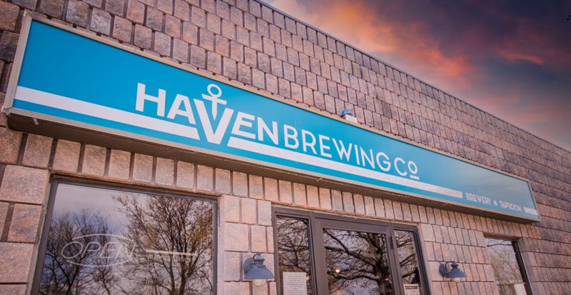 Haven Brewing Co's front lightbox signage.