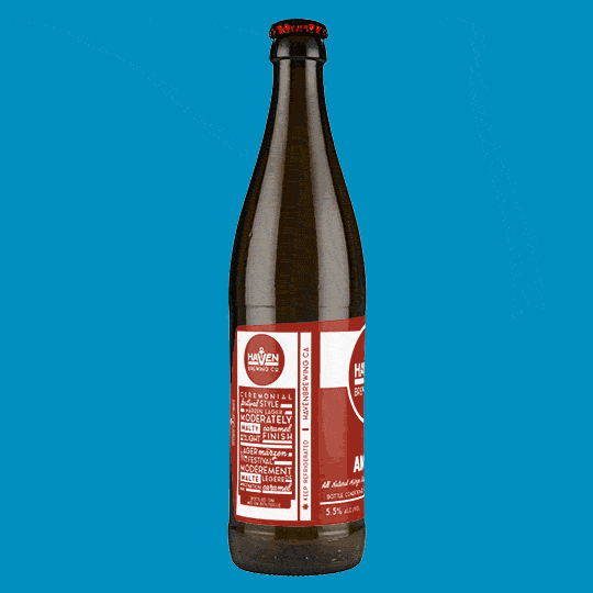 Haven Brewing Company Amber bottle rotating gif on teal background