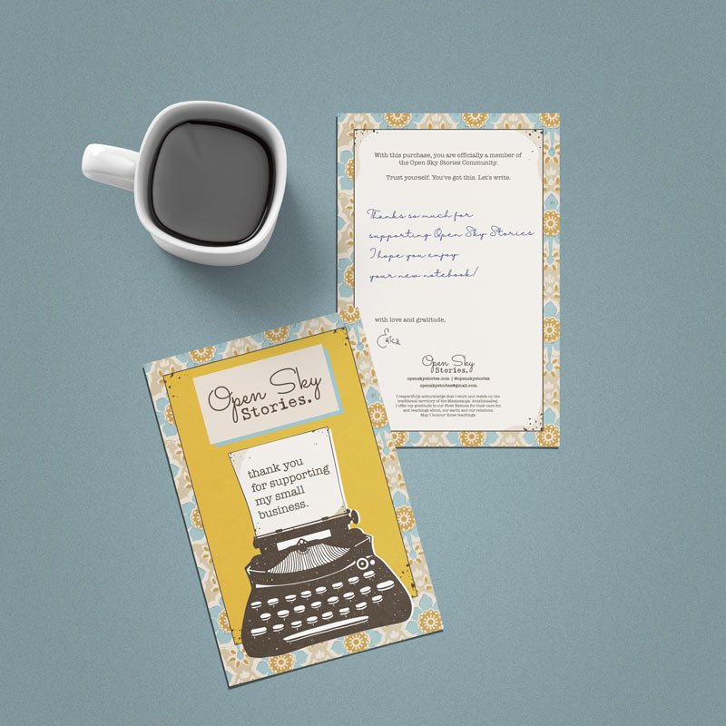 Retro-inspired illustrated thank-you cards for Open Sky Stories on a light blue-grey background with a coffee cup above them.